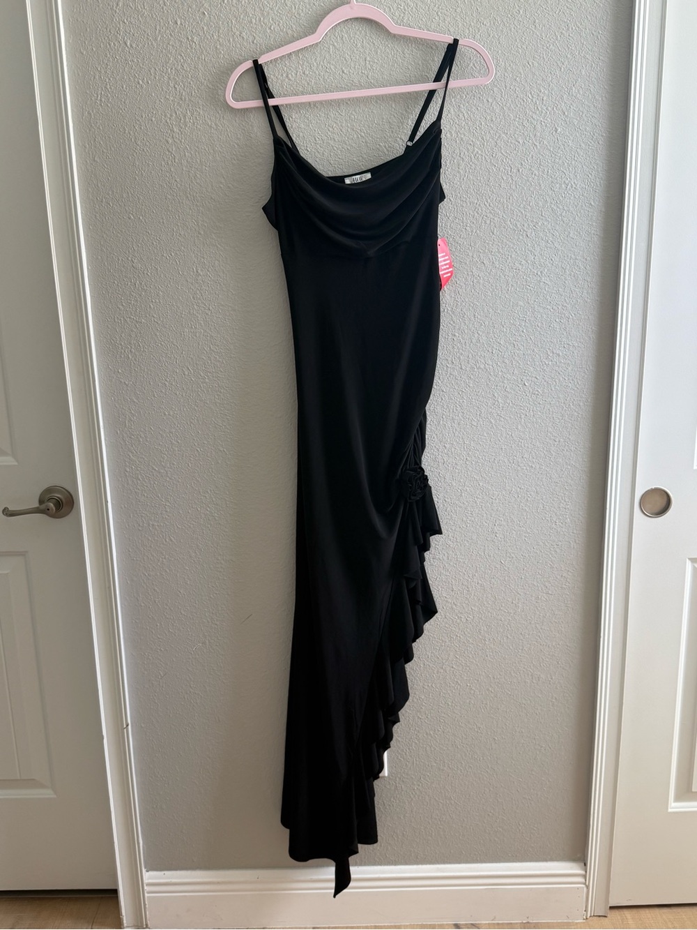 AUW Black Asymmetrical Ruffle Cowl-Neck Dress